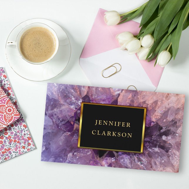 Cartão De Visita Dourada ametista roxa, gema mineral. (Purple amethyst black gold elegant chic professional business card.)