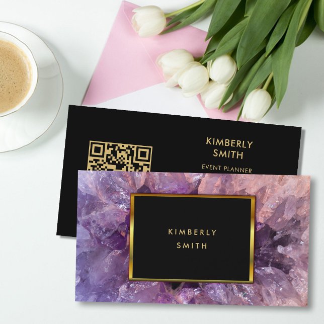 Cartão De Visita Dourada ametista roxa gemstone QR code profissiona (Elegant purple amethyst, gold black, QR code professional business card,)