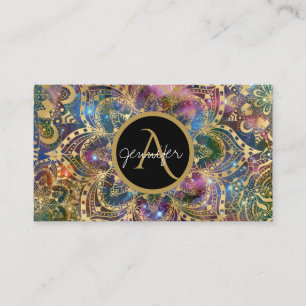 Cartão De Visita Dourada aquarela e mandala nebulosa