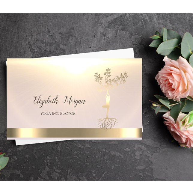 Cartão De Visita Dourada Árvore Mulheres Silhouette Instrutor Yoga (Criador carregado)