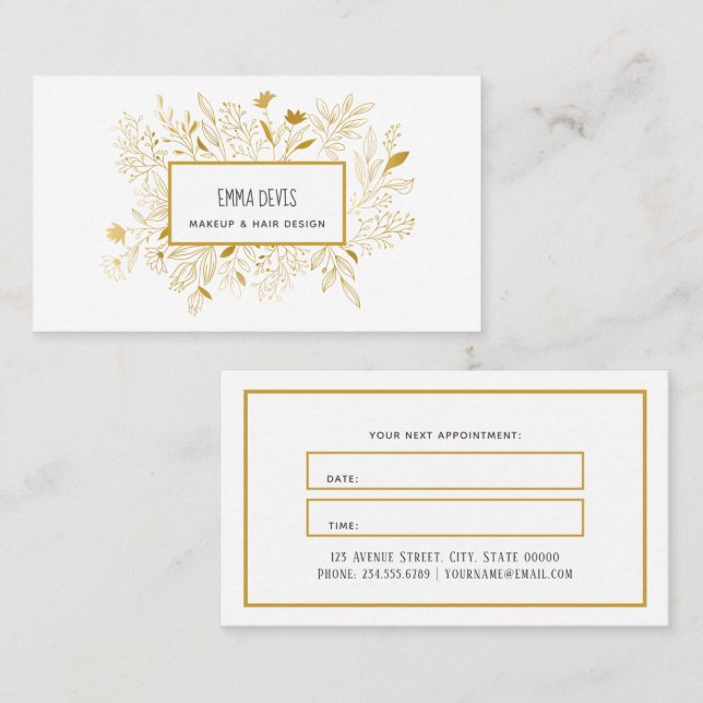 Cartão De Visita Dourada Bela Botânica, Salon Hair Dresser Nomeação (Frente/Verso)