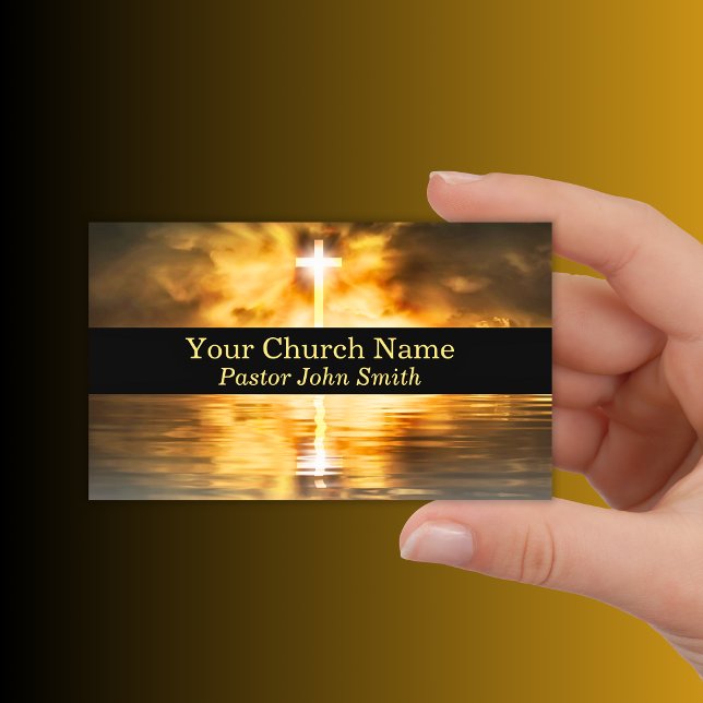 Cartão De Visita Dourada Cruz Reflexão Igreja Pastor Negro (Gold Cross Reflection Church Pastor Black Business Card)