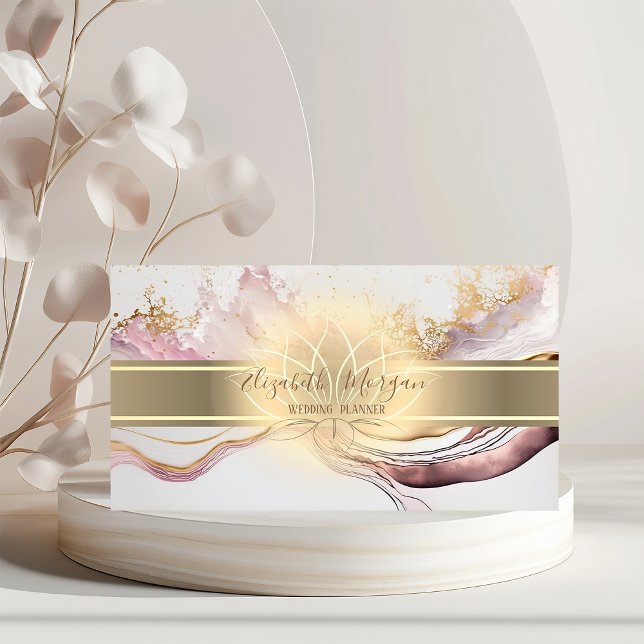 Cartão De Visita Dourada Elegante,Rosa Branca de Lotus Marble Doura (Criador carregado)