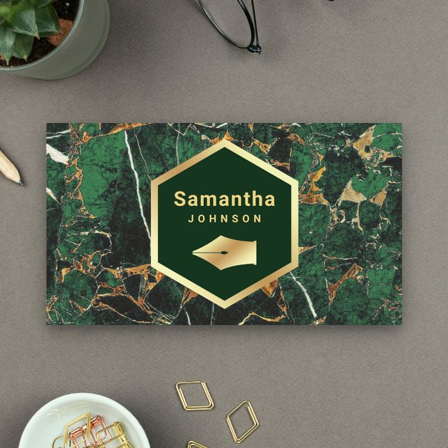 Cartão De Visita Dourada Emerald Green Marble Caneta Nib Profession (Criador carregado)