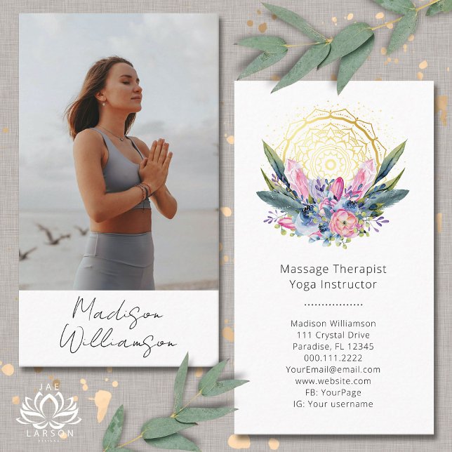 Cartão De Visita Dourada Foto Espiritual  de Cristais Rosa Mandala (Criador carregado)