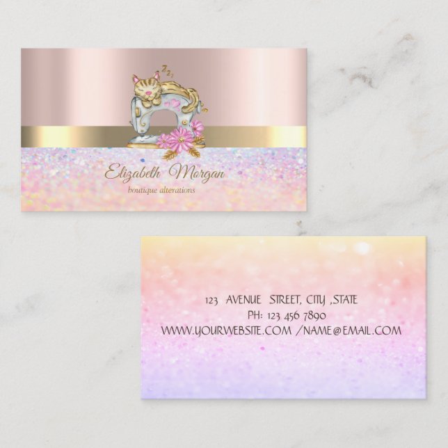 Cartão De Visita Dourada Gama Elegante, Gato De Máquinas De Costura (Frente/Verso)