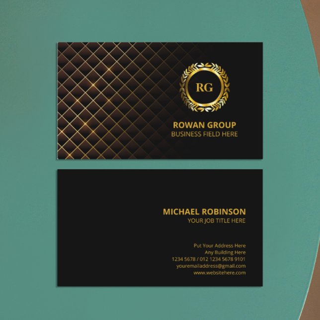 Cartão De Visita Dourada Laurel Leaf Crest | Padrão de diamante | L (Criador carregado)