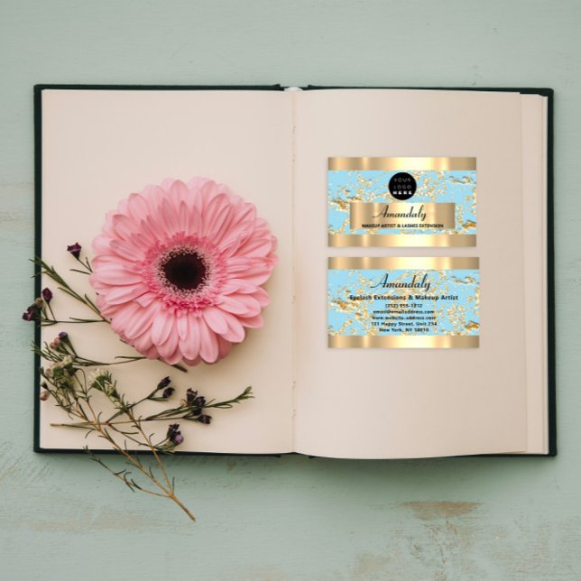 Cartão De Visita Dourada Marble Glitter Fashion Beautik Compra Azul (Gold Marble Glitter Fashion Beautique Shop Blue Business Card)