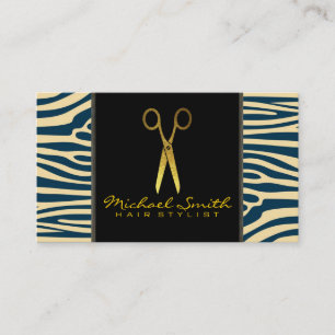 Cartão De Visita Dourada Tesoura Cabelo Estilista Moderna Zebra Cl