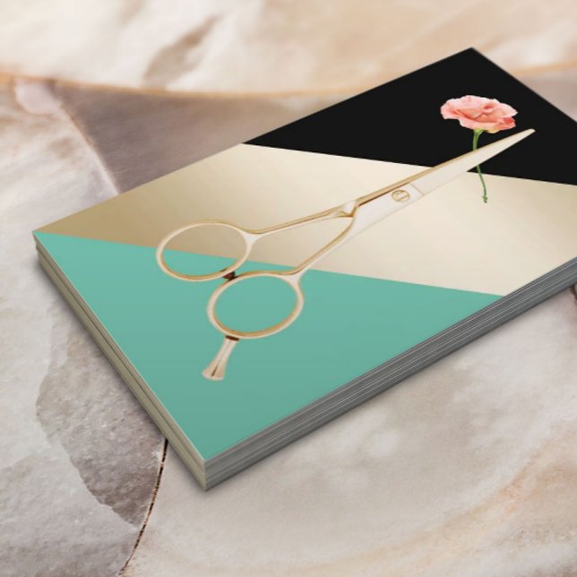 Cartão De Visita Dourada Tesoura Hair Stylist & Flor Modern Strips (Criador carregado)