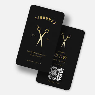 Cartão De Visita Dourada Tesoura Hairstylist Minimalista Qr Code Bu