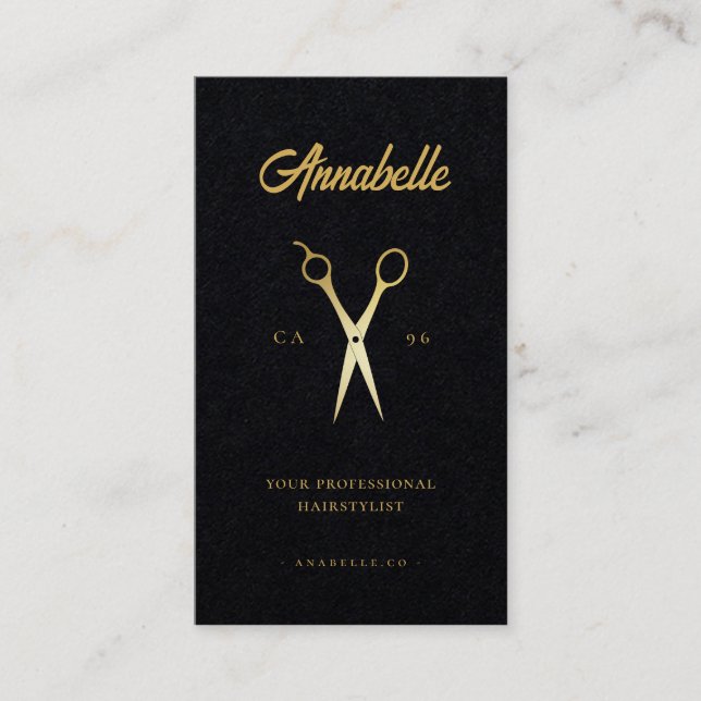 Cartão De Visita Dourada Tesoura Hairstylist Salon Barbershop Qr Co (Frente)