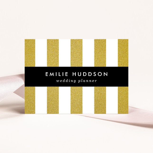 Cartão De Visita Douradas faixas, tiras brancas, padrão riscado (Criador carregado)