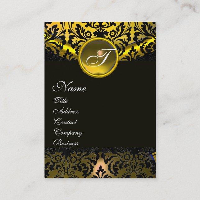 CARTÃO DE VISITA DOURADO AMARELO NEGRO TOPAZ DAMASK MONOGRAM (Frente)