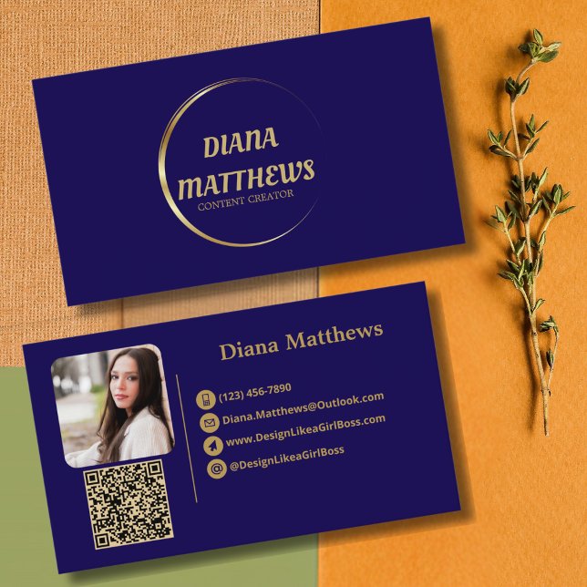 Cartão De Visita Dourado Azul Moderno, QR Code Foto Profissional (Criador carregado)