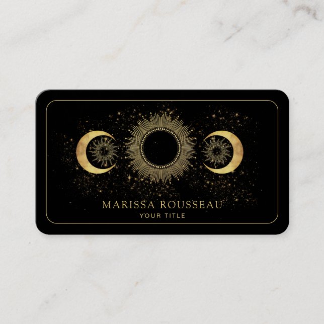 Cartão De Visita Dourado Celestial Sol Preto Lua  (Frente)