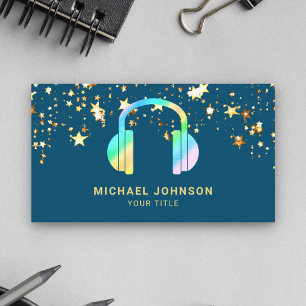 Cartão De Visita Dourado Confetti Blue Rainbow Fones de ouvido Musi