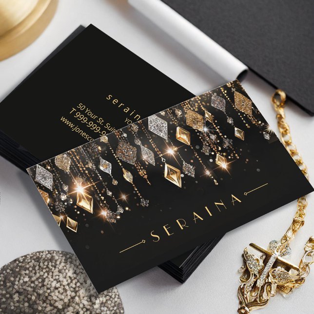 Cartão De Visita Dourado e Silver Boho Gems em preto ID1035 (Criador carregado)