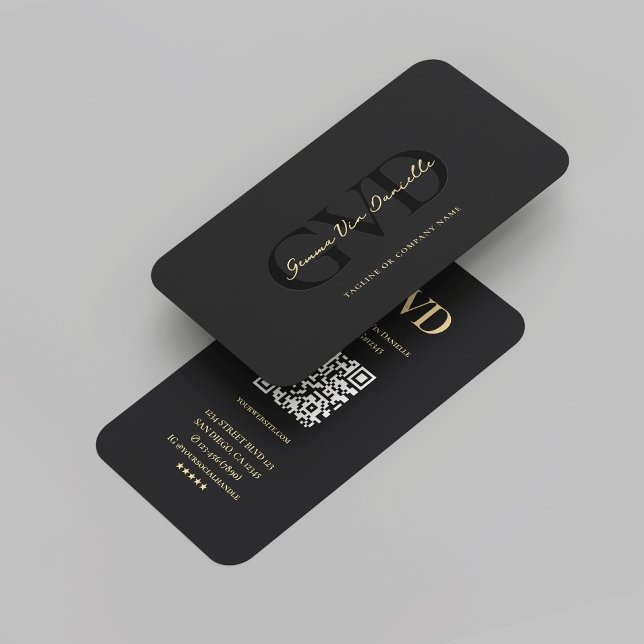Cartão De Visita Dourado Elegante Profissional de Monograma Moderno (Modern Monogram Professional Elegant Company Marketing QR Code Black Gold Business Card
)