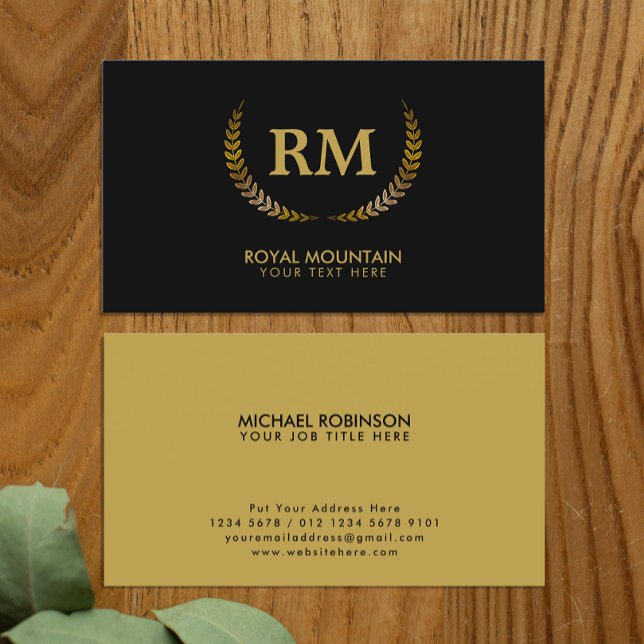 Cartão De Visita Dourado Laurel Folaves | Elegante Inicial a Preto (Criador carregado)