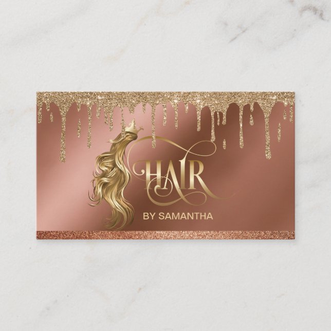 Cartão De Visita Dourado pingar Cabelo estilista dourado moderno (Frente)
