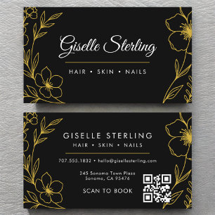 Cartão De Visita Dourado preto Botânico Floral QR Code Beauty Salon