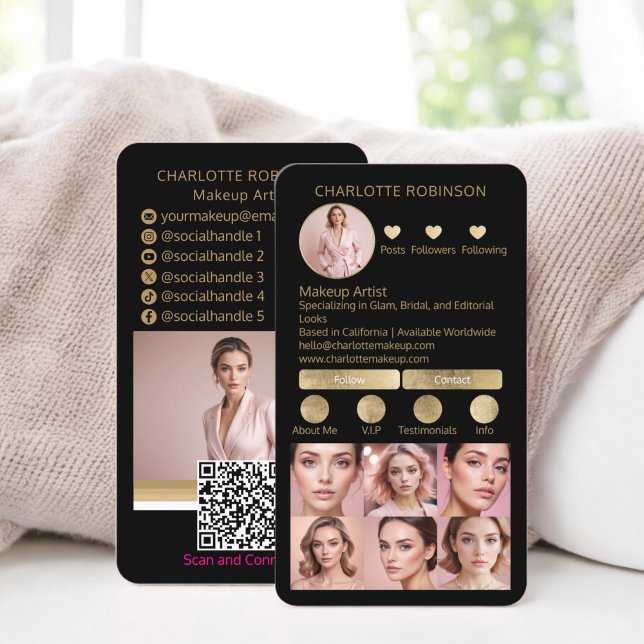 Cartão De Visita Dourado preto Makeup Beauticer Social Media Influe (Gold black Makeup beauty Social Media Influencer Business Card instagram)