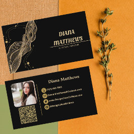 Cartão De Visita Dourado preto moderno,QR Code Foto profissional