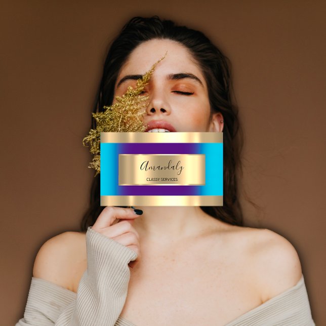 Cartão De Visita Dourado quadro profissional roxo Oceano Azul Moder (Gold Framed Professional Purple Ocean Blue Modern Business Card)