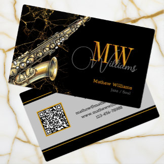 Cartão De Visita Dourado Saxofone Jazz, Black & QR Code, Monograma