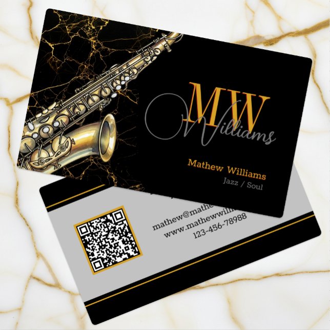 Cartão De Visita Dourado Saxofone Jazz, Black & QR Code, Monograma (Saxophone, Monogrammed, Musician Business Card)