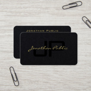Cartão De Visita Dourado Script de Mão Luminosa Premium Preto