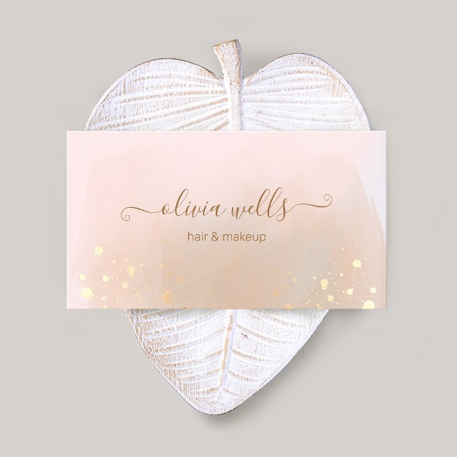 Cartão De Visita Dourado Splatter Script Tan Abstrato Watercolor (Criador carregado)