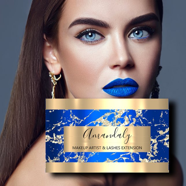 Cartão De Visita Dourado Traços Compro Real de Beleza Azul (Gold Strokes Royal Blue Beauty Shop Business Card)