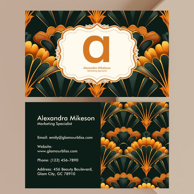 Cartão De Visita Dourado Verde Elegante Art Deco Professional (Criador carregado)