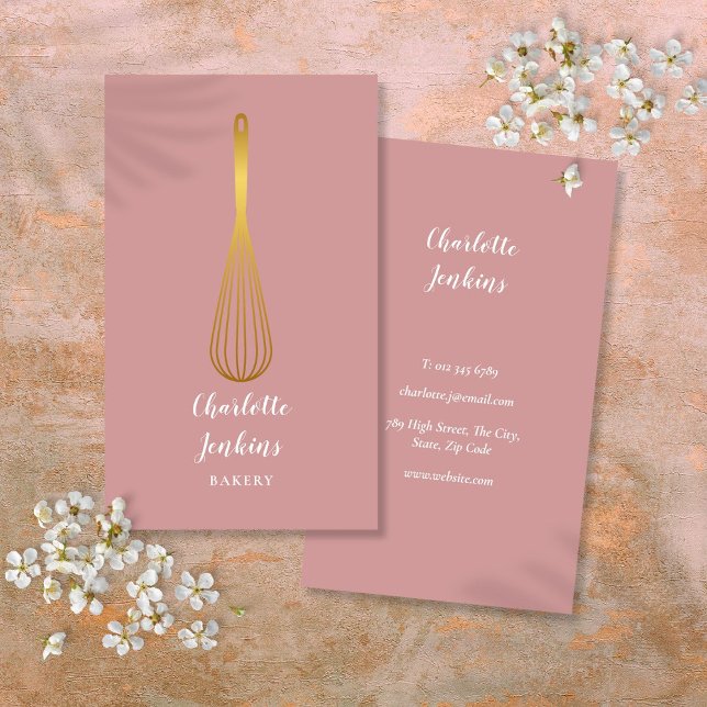 Cartão De Visita Dourado Whisk Bakery Patisserie Dusty Rosa (Gold Whisk Bakery Patisserie Dusty Rose Business Card)