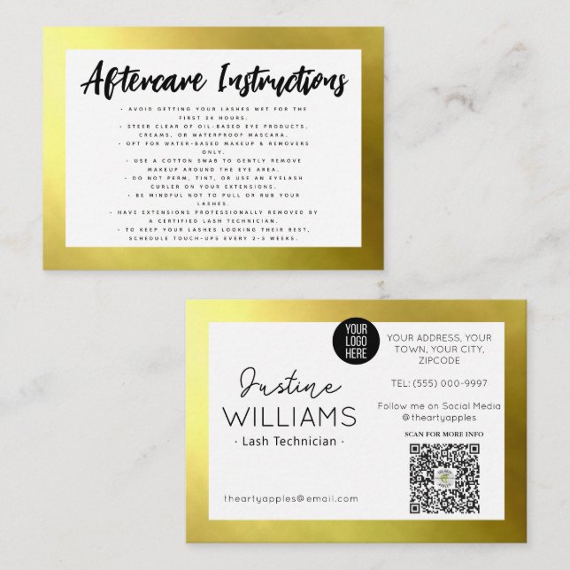 Cartão De Visita dourados Lashes Eyelash Extensões pós-tratamento (Frente/Verso)