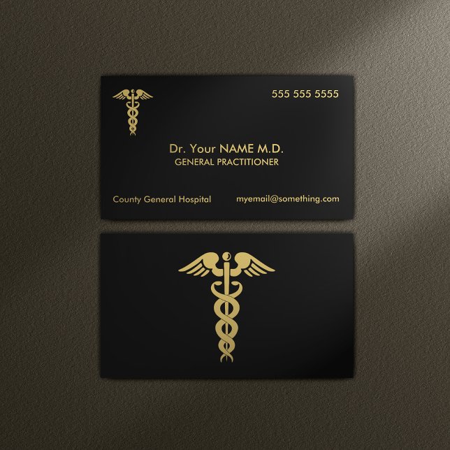 Cartão De Visita Doutor Caduceus Black e Dourado (Medical Doctor Business Cards)
