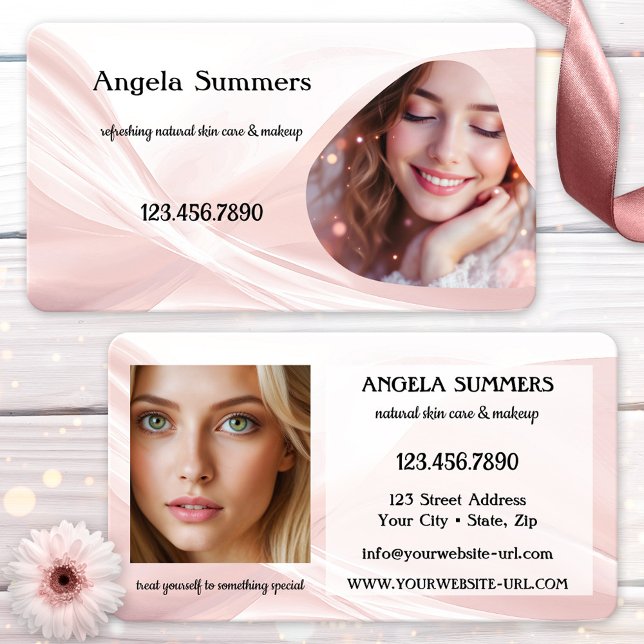 Cartão De Visita Dreamy Pink Natural Beauty Makeup Artist (A dreamy pink business card featuring an elegant abstract design with your photos on front and back)