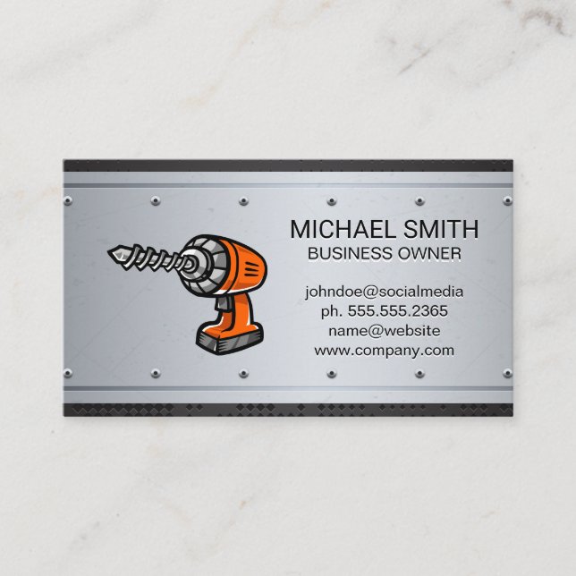 Cartão De Visita Drill de energia | Rivetes Metálicos (Frente)