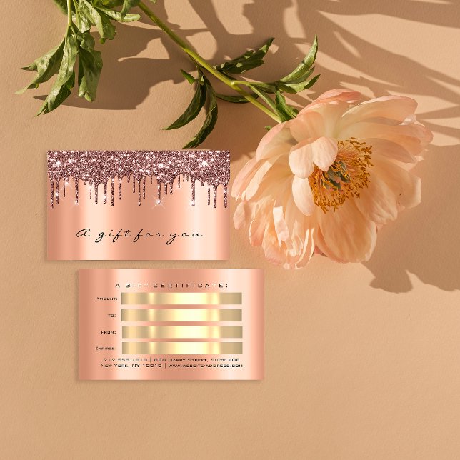 Cartão De Visita Drives de brilho de metal Dourado com Rosa de cert (Gift Certificate Rose Gold Metal Glitter Drips)
