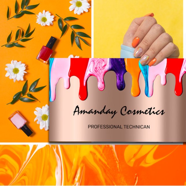 Cartão De Visita Drives de Rosa do Técnico Artista de Nail Profissi (Professional Nail Artist Technician Rose Drips Business Card)