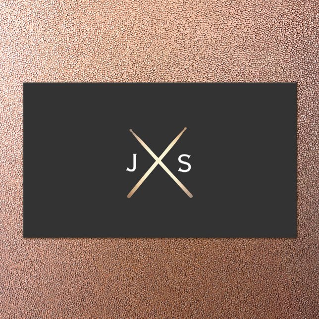 Cartão De Visita Drummer Simples Monograma Dourado Drumsticks (Criador carregado)