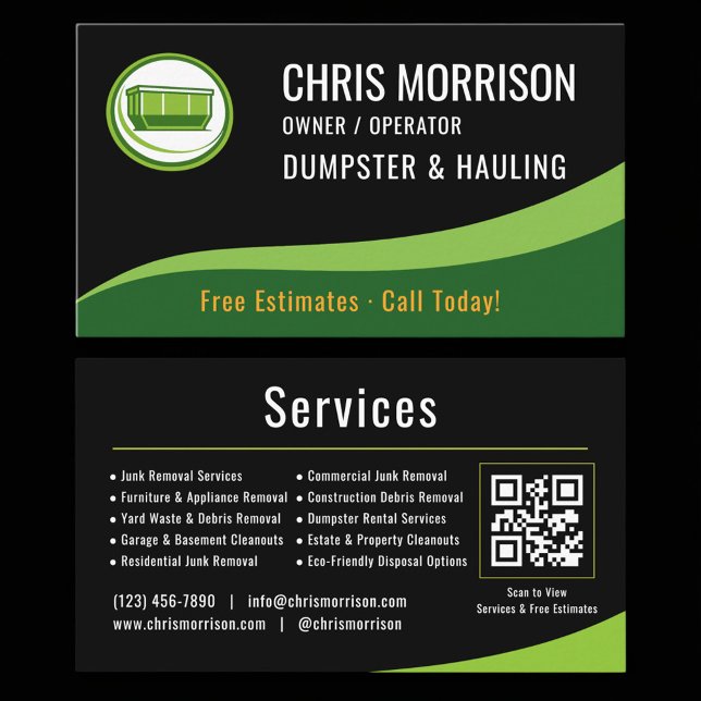 Cartão De Visita Dumpster and Hauling QR Code Business Card (Criador carregado)