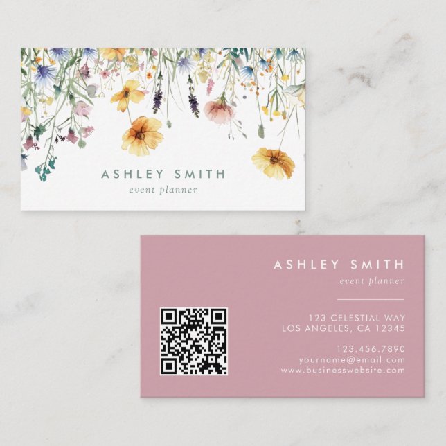 Cartão De Visita Dusty Rosa Wildflower Código QR (Frente/Verso)