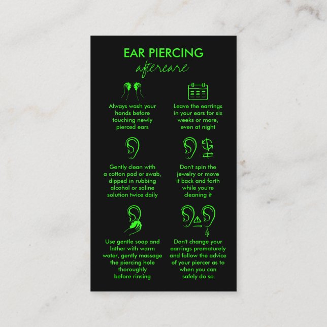 Cartão De Visita Ear Piercing Care Instructions Neon Green (Verso)