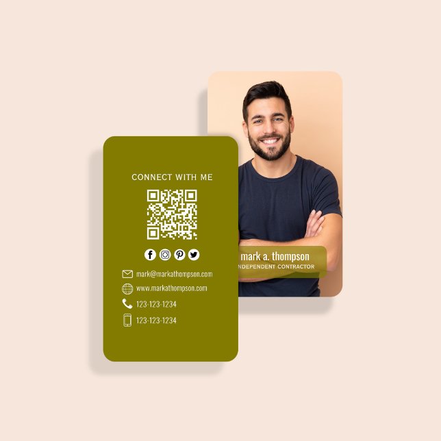Cartão De Visita Earth Tone Photo QR Code Connect With Me (Olive green QR code card with photo and clean modern contact layout)