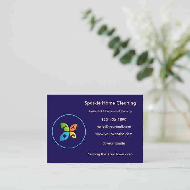 Cartão De Visita Editable House Cleaning Business Card  (Em pé/Frente)