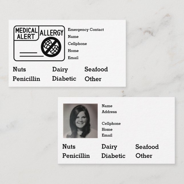 Cartão De Visita Editable Medical Alert Allergy Emergency (Frente/Verso)