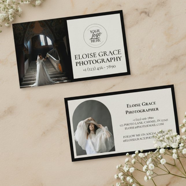 Cartão De Visita Editorial Photo Logo Black Business Card (Market your photography business in style with this editorial business card!)